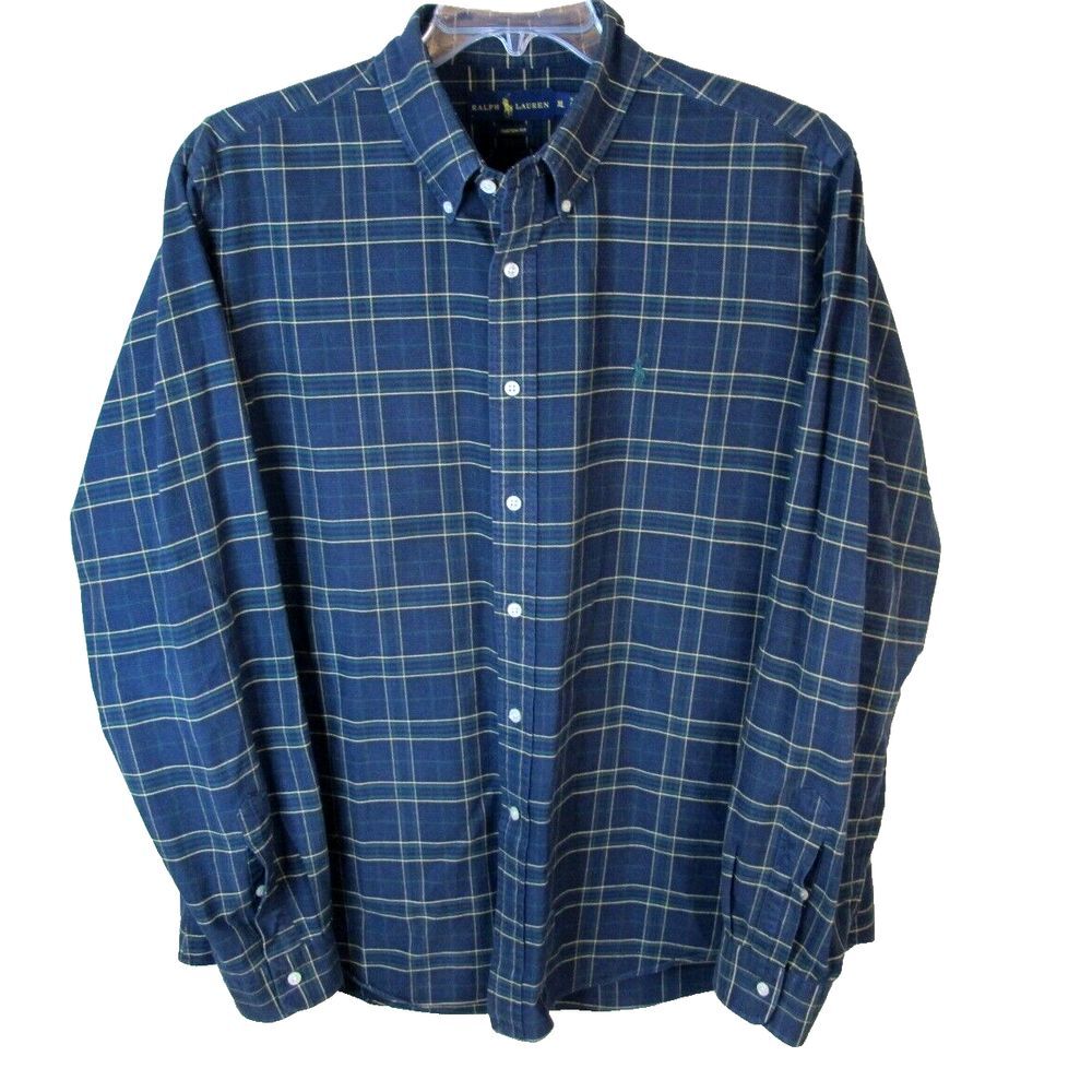 Ralph Lauren Shirt Custom Fit Long Sleeve Button Down‎ Shirt Men's XL Blue Plaid